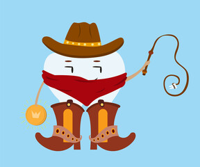 Tooth fairy cowboy. Character in a cowboy hat and cowboy boots holds a whip with a tooth and a sparkling coin. Vector cartoon illustration