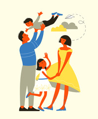 Vector illustration. Happy family. Mom, dad, daughter and son. Love and family idyll concept.