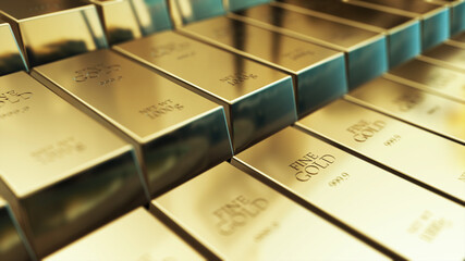 Realistic Gold ingots, bars abstract background 3d rendering