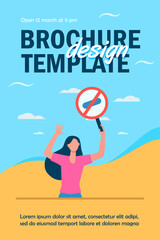 Young woman protesting with round banner. Meeting, stop, attention flat vector illustration. Demonstration and active position concept for banner, website design or landing web page