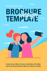 Two girls taking selfie on smartphone. Friend, phone, photo flat vector illustration. Friendship and digital technology concept for banner, website design or landing web page