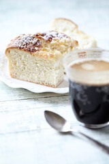 Simple yeast cake on bright background.	Close up. 