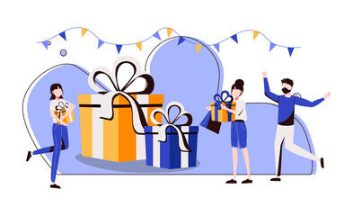 Group of young people celebrating birthday in surprise party. Friends giving gift boxes wot birthday girl. Vector illustration for celebration, festive event, presents, fun concept