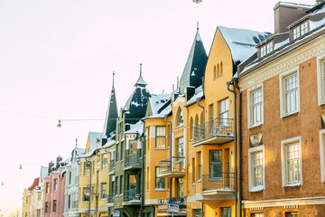 Colorful facades of buildings in Helsinki, the capital of Finland, the traditional Scandinavian architecture, Helsinki