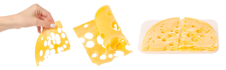 Set of cheese with holes on white background isolation