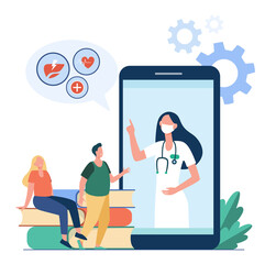 Tiny people listening doctor recommendation from mobile phone. Health, book, smartphone flat vector illustration. Medicine and digital technology concept for banner, website design or landing web page