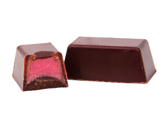 Chocolate sweets with pink strawberry filling praline isolated on the white