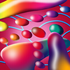 abstract 3D illustration, balls and oval shapes on a bright red