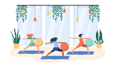 Obraz premium Pregnant women doing exercises with big ball. Gym, yoga, maternity flat vector illustration. Healthcare and sport activity concept for banner, website design or landing web page