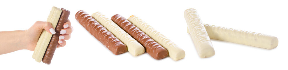 Set chocolate bar sticks on white background isolation