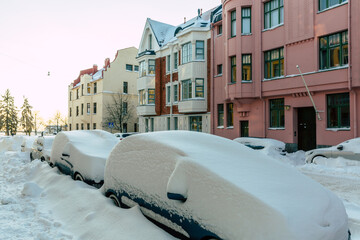 Colorful facades of buildings in Helsinki, the capital of Finland, the traditional Scandinavian architecture, Helsinki