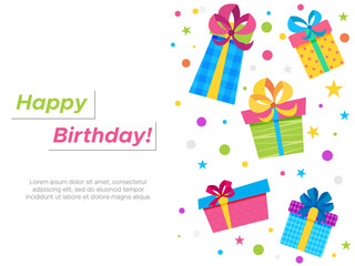 Happy Birthday Greeting card with colorful presents  for holidays flyers, greetings, invitations cards and birthday themed congratulations and banners. Vector illustration on white Background