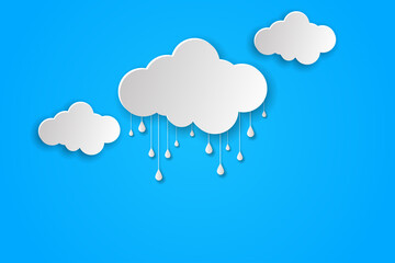 Paper Art Clouds with rain. 3d Paper art style.  vector isolated illustration with  Grey Clouds on blue background