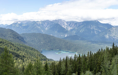 Eibsee Lake view from middle point Riffelriss glacier station below Zugspitze