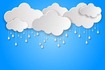 Paper Art Clouds with rain. 3d Paper art style.  vector isolated illustration with  Grey Clouds on blue background