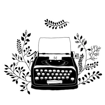 Retro typewriter with leaves decor. Sketch hand drawn illustration vintage style. Trendy pastel colors.