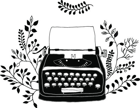 Retro typewriter with leaves decor. Sketch hand drawn illustration vintage style. Trendy pastel colors.