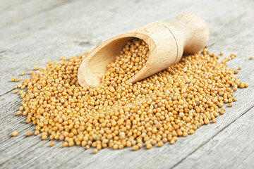 Yellow mustard seeds in the wooden scoop on wooden table. Grains of mustard. Healthy food.