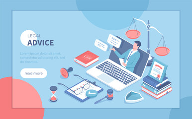 Fototapeta na wymiar Legal Advice and Aid. Online services. A professional lawyer gives consultation through a laptop. Law and justice concept. Isometric vector illustration for poster, presentation, banner, website. 