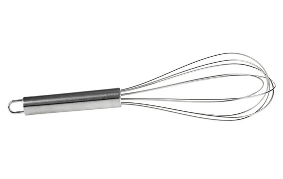 Stainless balloon whisk isolated on a white background. Stainless steel egg beater. Cooking equipment.