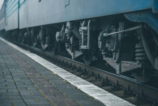 Truskavets, Ukraine - December 2020: Electric locomotive VL10 with a freight train awaiting departure on the platform of the railway station.  Ukrzaliznytsia. Ukrainian railways.