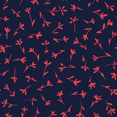 Small flowers with leaves minimal seamless repeat pattern with dark blue background. Random placed, vector millefleurs all over print.
