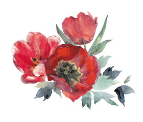 Obraz na płótnie Canvas Hand drawn watercolor floral clipart. Bouquet of red tulips with green leaves and herbs. Isolated on white. Great design for wedding invitations, cards. Women's Day