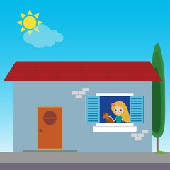 Girl with a dog looking through the window