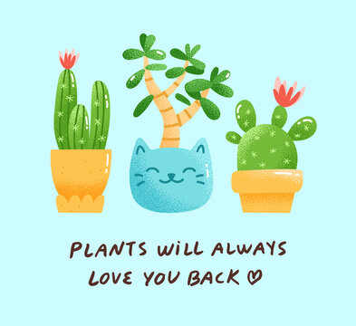Vector illustration of cute potted plants and a quote below. Three adorable succulents in modern cartoon style. Plant lover concept.