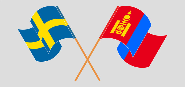 Crossed and waving flags of Sweden and Mongolia