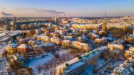 Naklejka premium Aerial sunset view of Helsinki in winter time, Finland