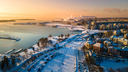 Aerial sunset view of Helsinki in winter time, Finland