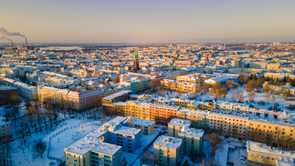 Aerial sunset view of Helsinki in winter time, Finland