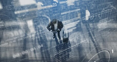 Business travel man wearing face mask and checking departure time in airport terminal lounge - Powered by Adobe