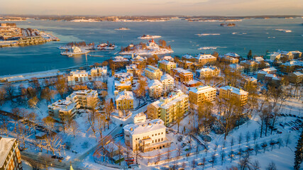 Aerial view of Helsinki city. in winter, Sky and colorful buildings.