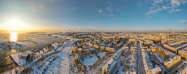 Aerial view of Helsinki in winter . Colorful sky and colorful buildings. Helsinki, Finland.	