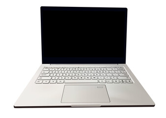 3D illustration of realistic laptop isolated on the white background. Computer with the full keyboard, letters, and signs on buttons. Ultrabook concept. Vector illustration in modern style. 3D image