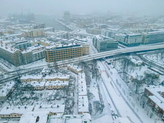 Aerial view of Helsinki city. in winter, Sky and colorful buildings.