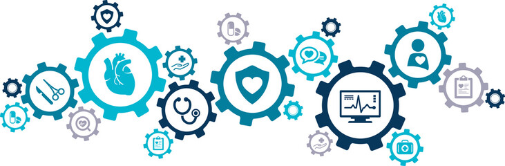 cardiology vector illustration. Concept with connected icons (no people) related to healthcare, cardiac system, cardiologist checkup, heart disease or surgery, cardio medicine or diagnostics.