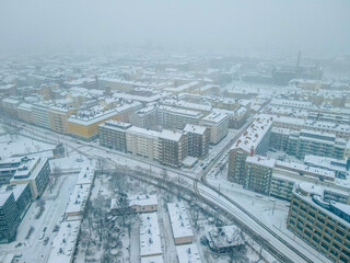 Aerial view of Helsinki city. in winter,  Sky and colorful buildings.	
