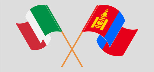 Crossed and waving flags of Italy and Mongolia