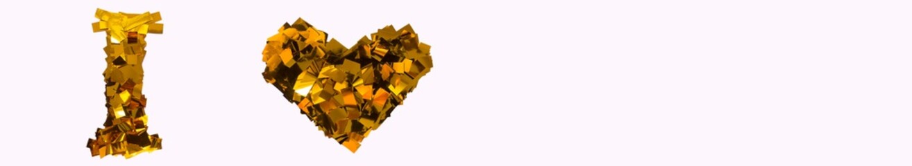 a volumetric letter of the English alphabet I love was made on a pink background of gold stripes of confetti.instead of love sign heart