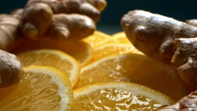  extremely close-up, detailed. slices of juicy lemon and ginger root.