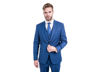 Elegance is key. Elegant man wear suit isolated on white. Business formal style. Classy and elegant