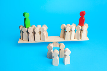 Two rival leaders attract people to their side. on the scales. Get the support of majority on elections. Political debate. Democratic election campaign. Electorate, electors. Position expression