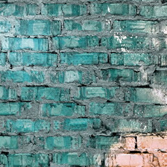 Blue Brick Wall Material Square Background. Painted Splash On Ripped Street Surface. Urban Brickwall Isolated City Design Square Image.