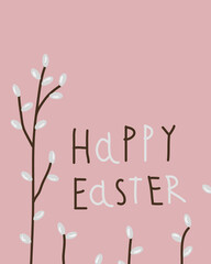 Cute Easter greeting card with white gray pussy willow twig and handwritten lettering Happy Easter on pink background, EPS 10 vector design element.