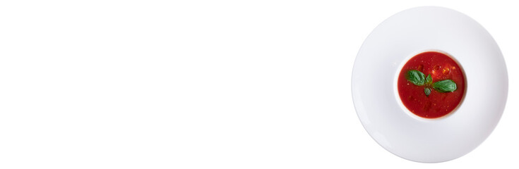 Italian Tomato Soup With Basil In White Bowl. Gazpacho Isolated On White Background. Top View Banner.