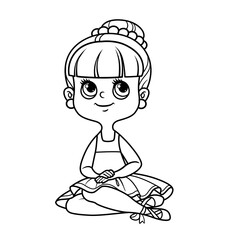 Cartoon ballerina girl in lush tutu sitting on the floor outlined for coloring isolated on a white background