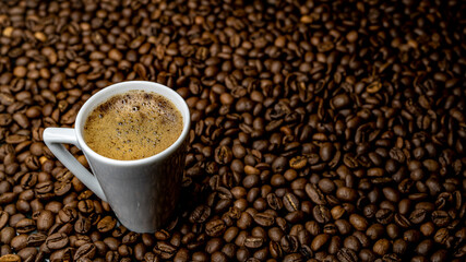 
a cup of coffee among roasted coffee beans